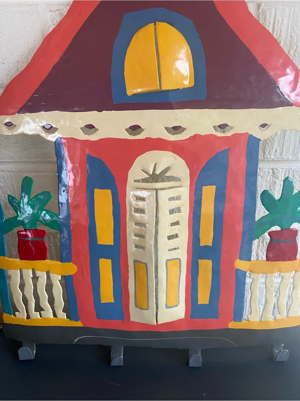 Haitian Metal Drum Tropical Hand-Painted House Wall Art with Hooks 14”w X 17”h - Picture 2 of 8